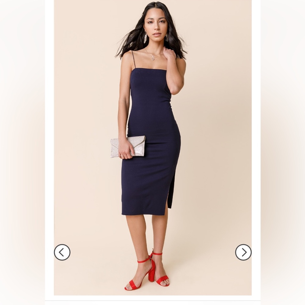 NWT Francesca’s Ezra Square Neck Slit Midi Dress Navy Medium
